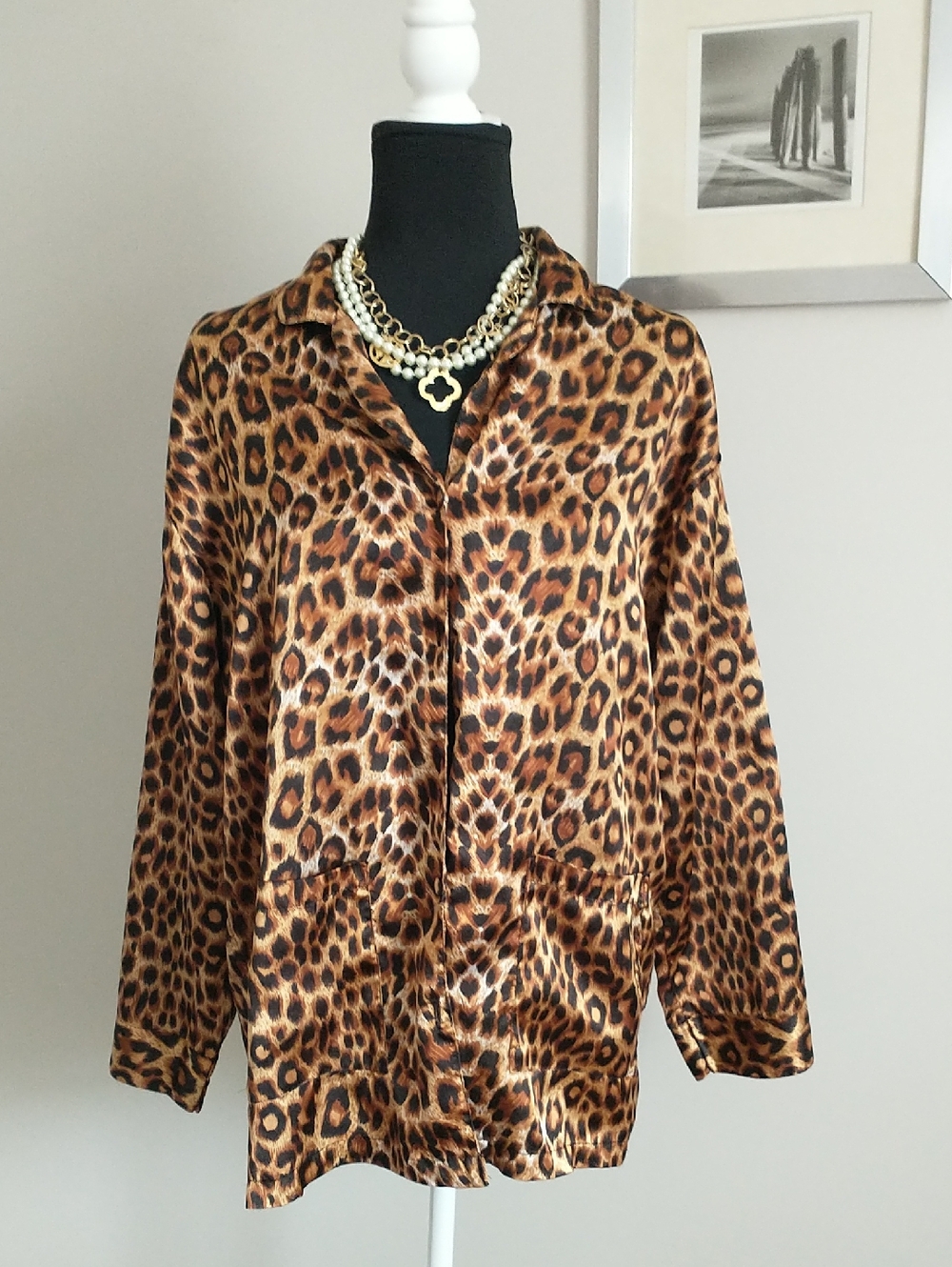 Emontlons Leopard Print Satin Button-Front Blouse - Brown SIZE M